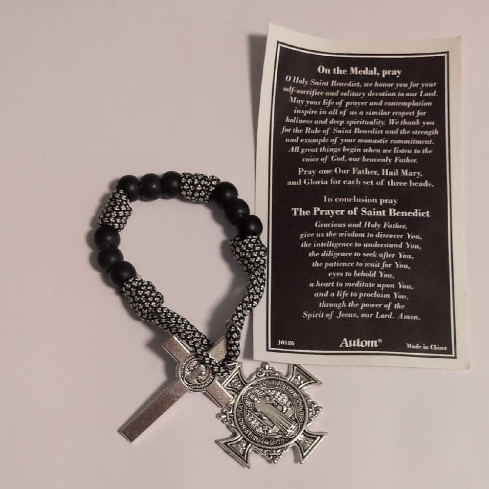 Saint Benedict Prayer Bracelet‎ with Medal & Cross – Black Bead Catholic Rosary